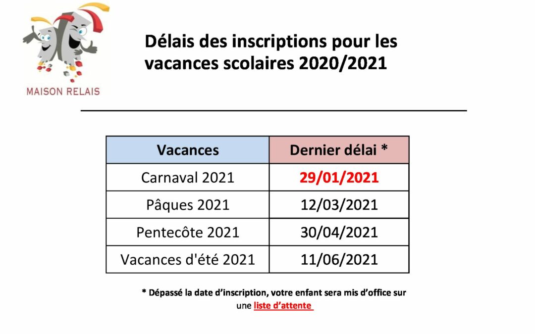Maison relais – Modification Délais inscriptions Vacances 2020_2021