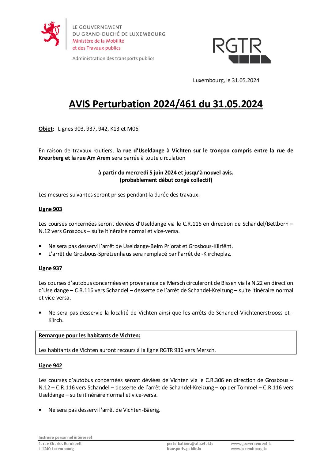 Avis RGTR - Vichten - travaux routiers dans la rte d'Useldange à partir du 5 juin 2024