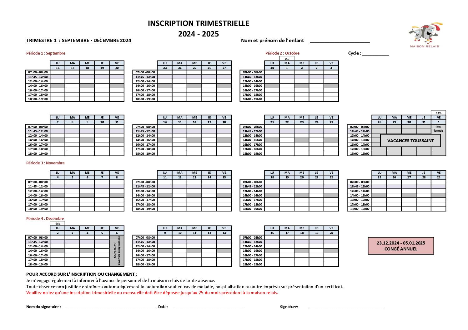 Fiche d'inscription 1. Trimestre 2024-2025