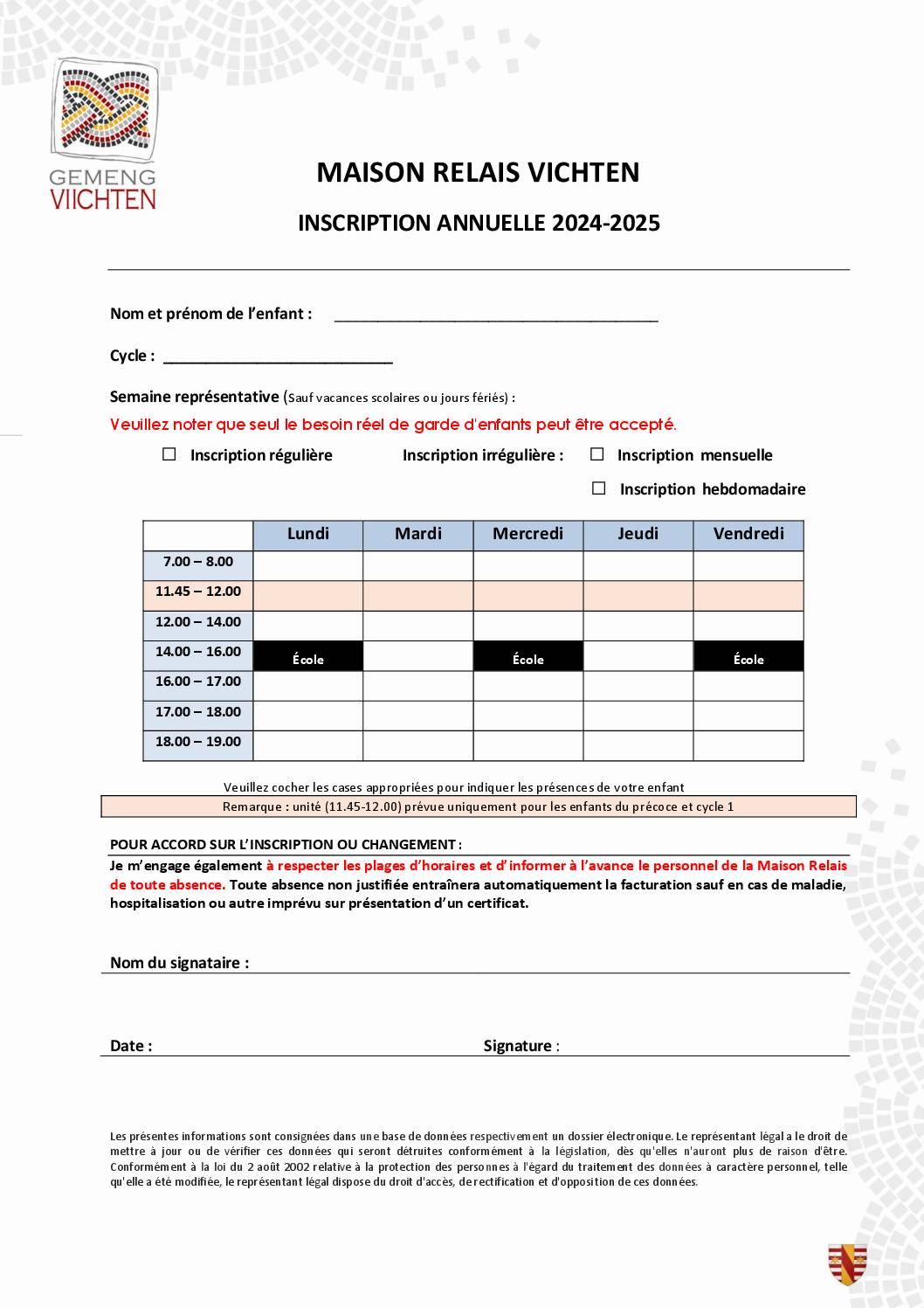 Fiche d'inscription annuelle 2024-2025