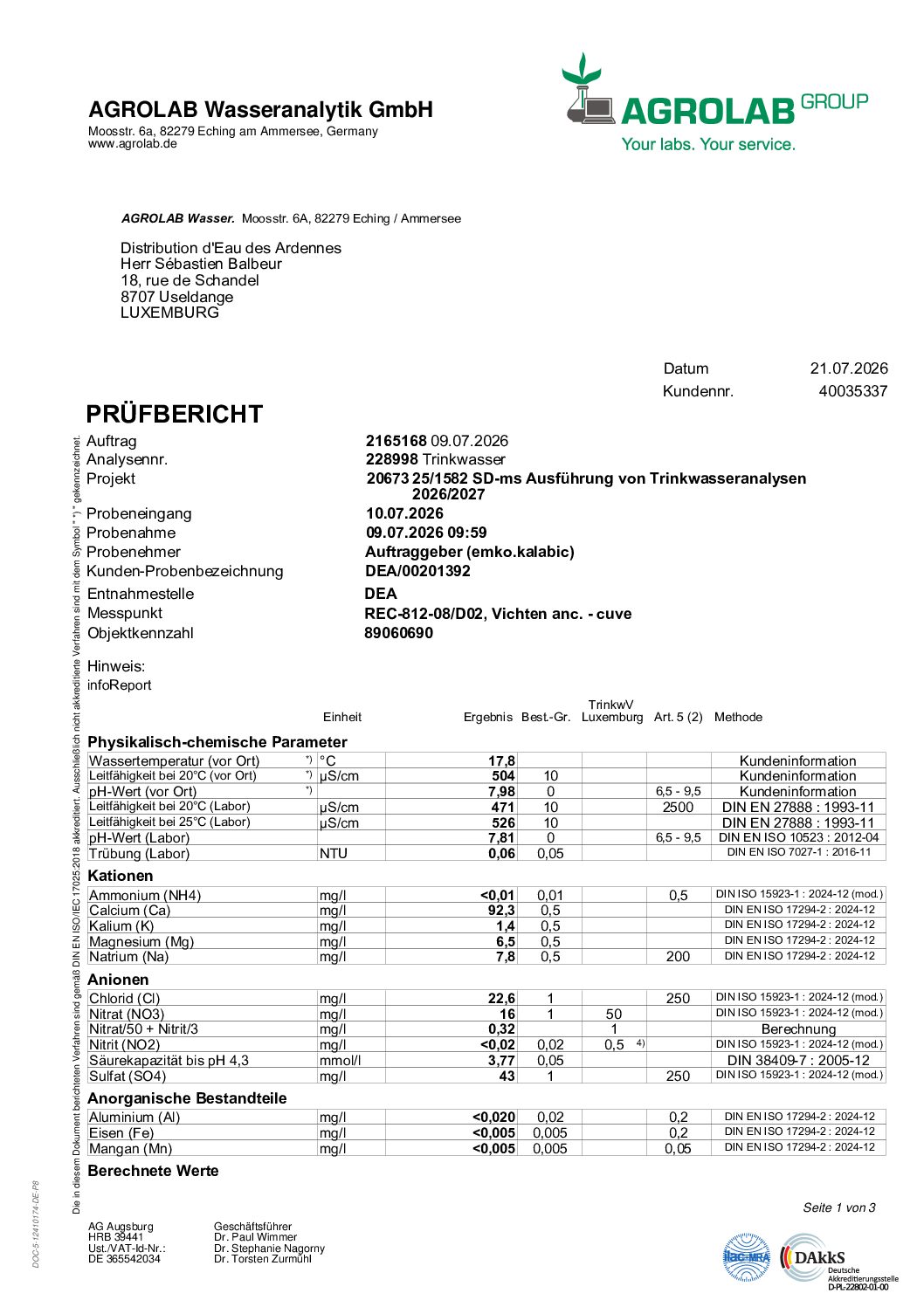 Analyses d'eau du 10 juillet 2026 - Réservoir Vichten (ancienne cuve)