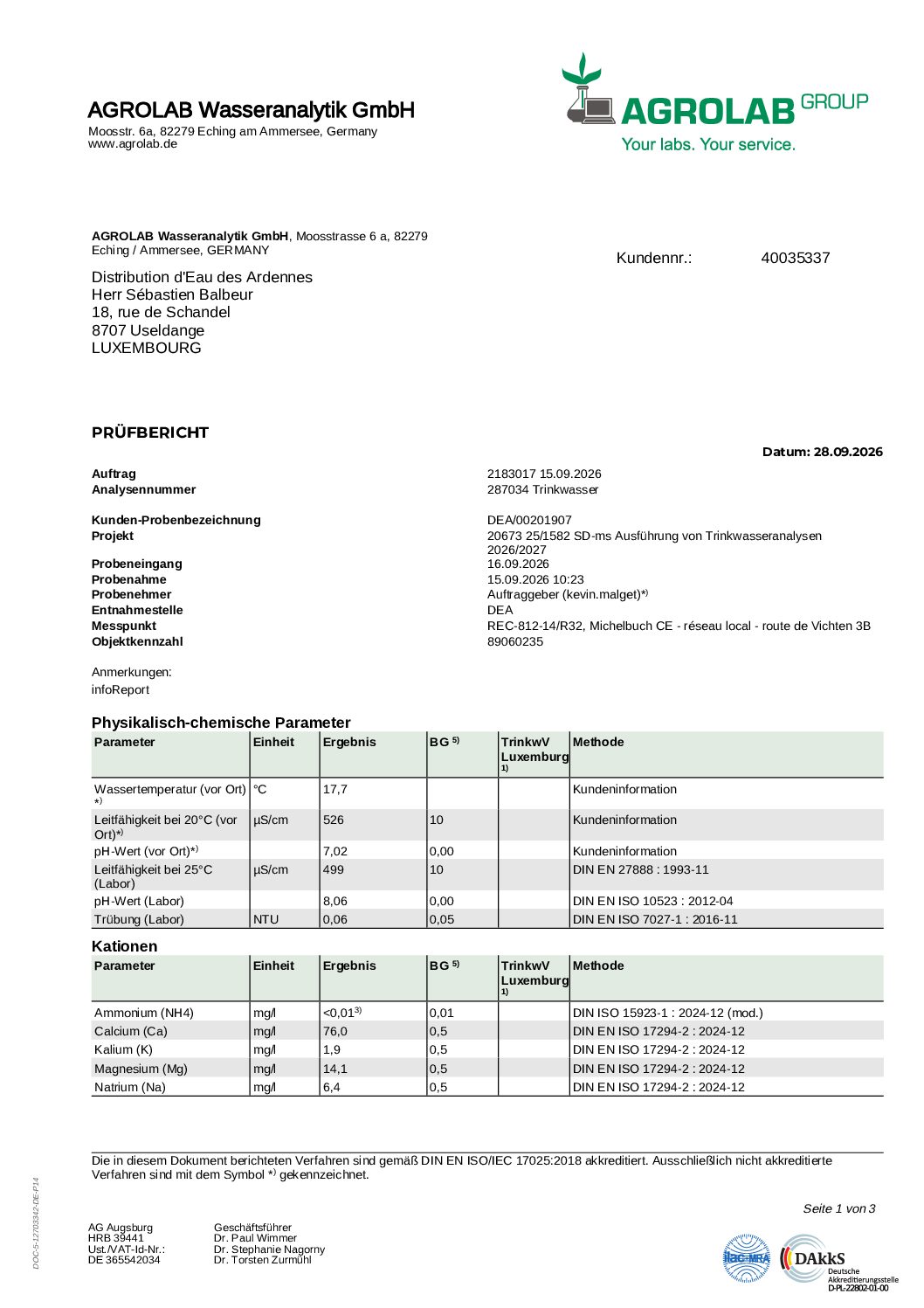 Analyses d'eau du 15 septembre 2026 - Michelbouch réseau local