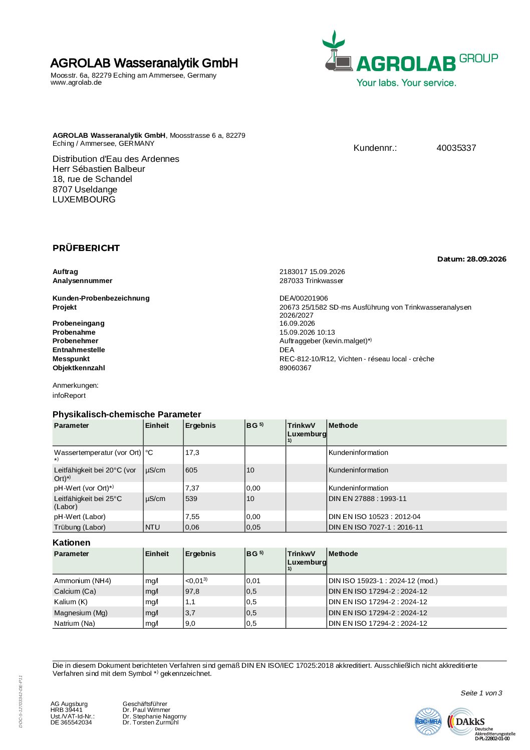Analyses d'eau du 15 septembre 2026 - Vichten réseau local - Maison relais