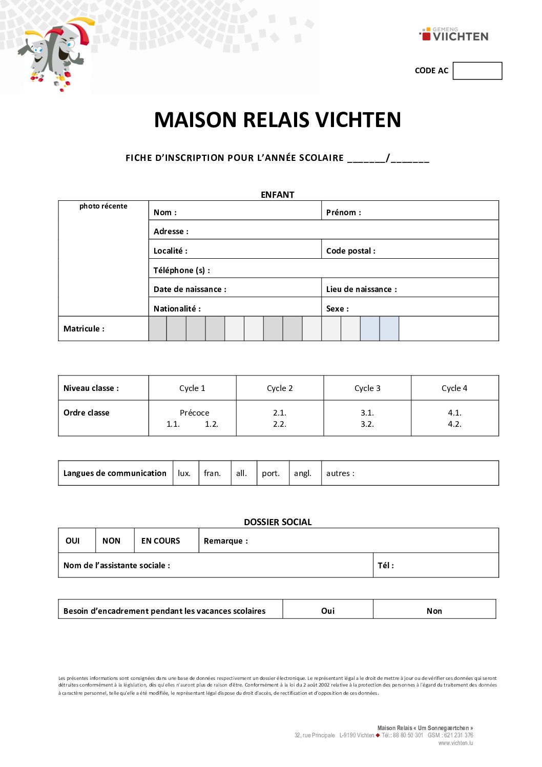 Dossier personnel inscription enfant