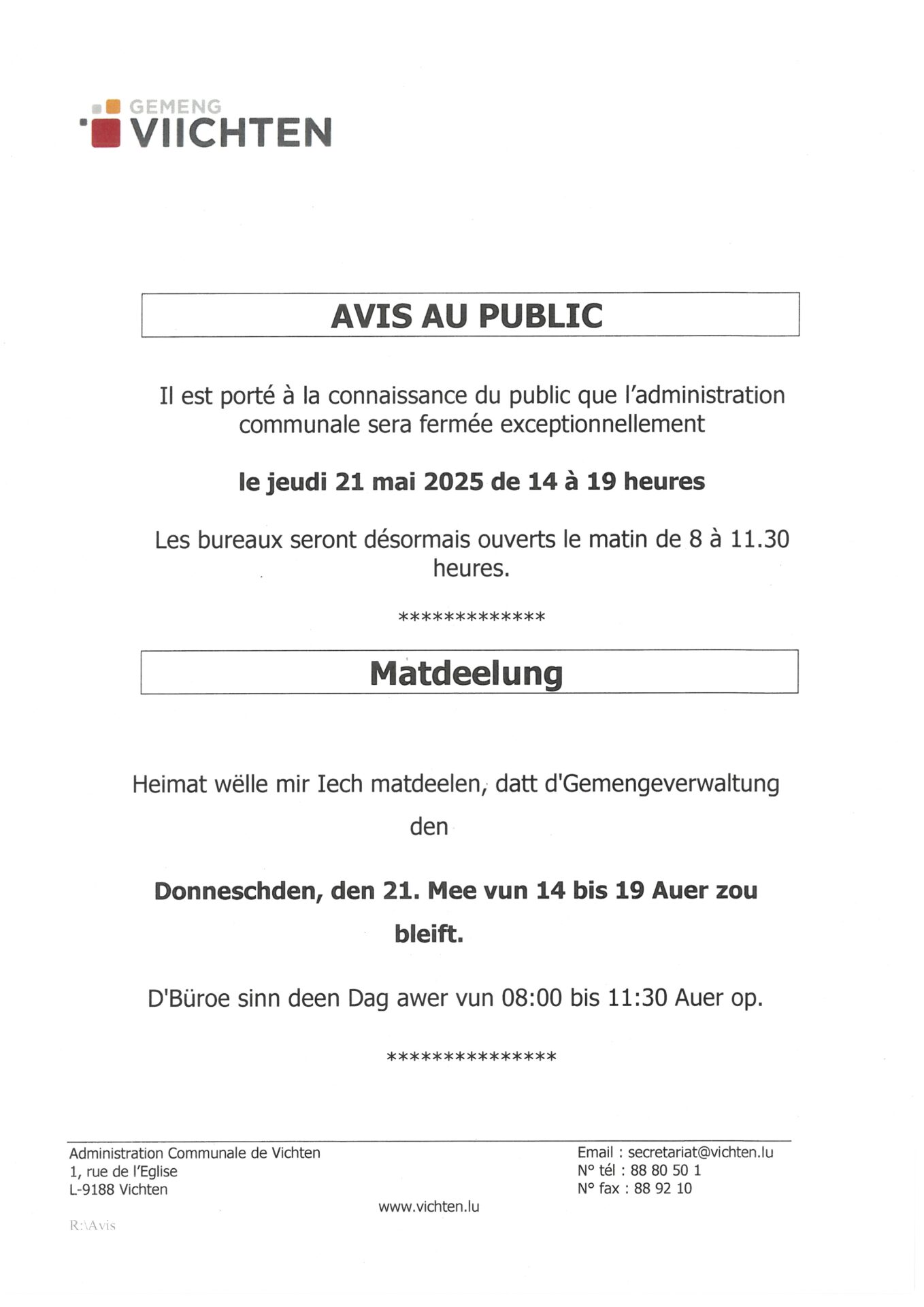 Fermeture exceptionnelle le 21.05.2026