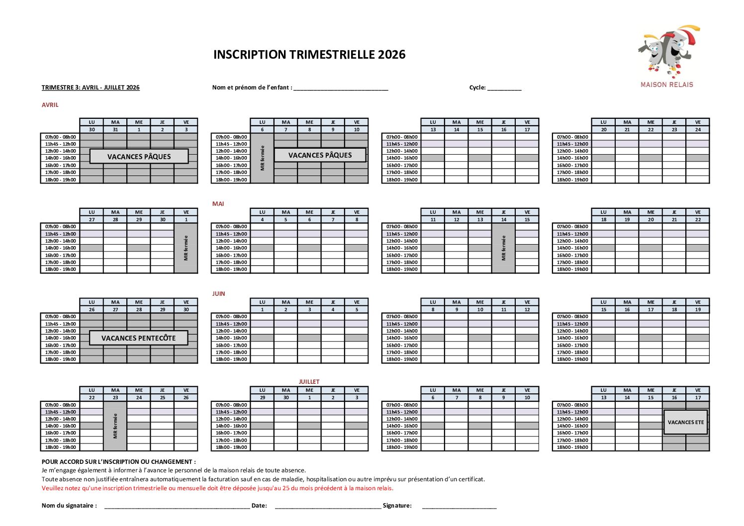 Fiche d'inscription 3e Trimestre 2025-2026