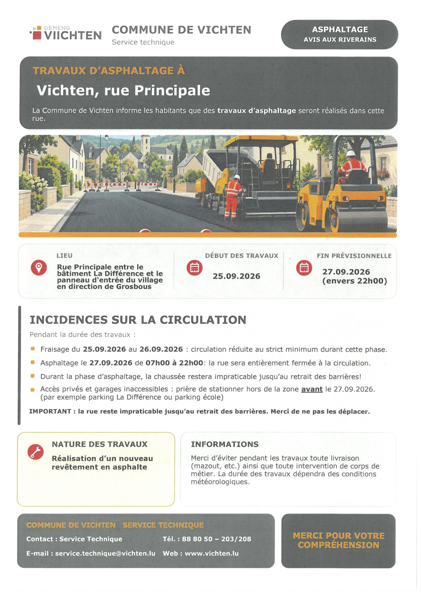 Travaux d'asphaltage rue Principale à Vichten