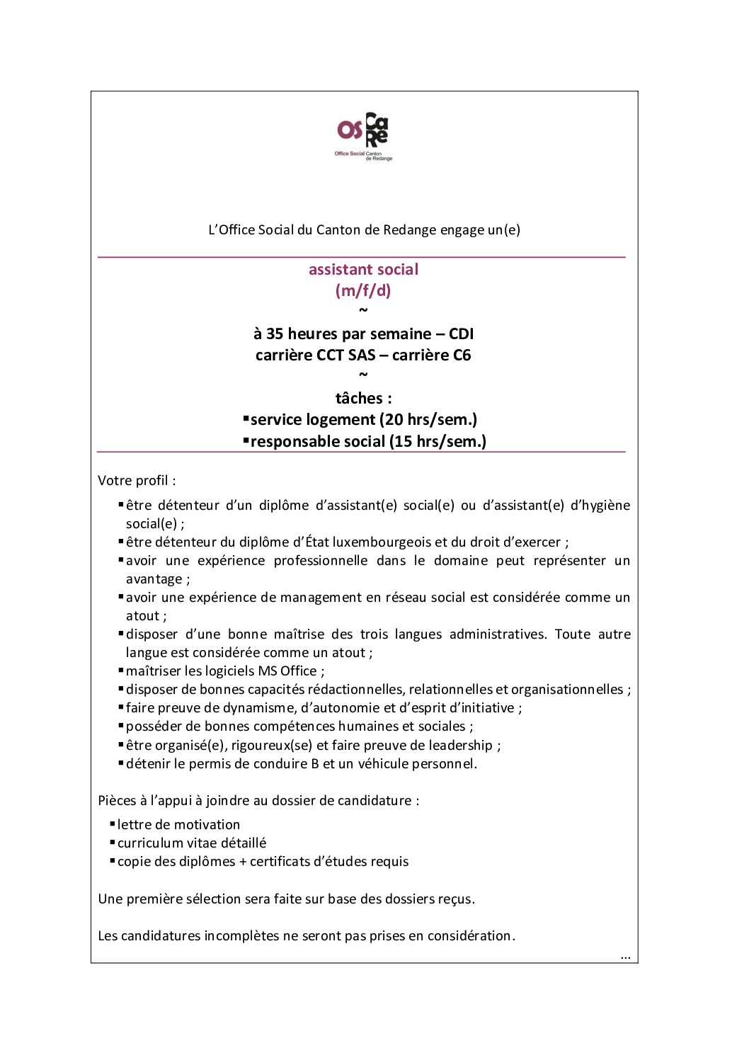OSCARE - vacance de poste assistant social