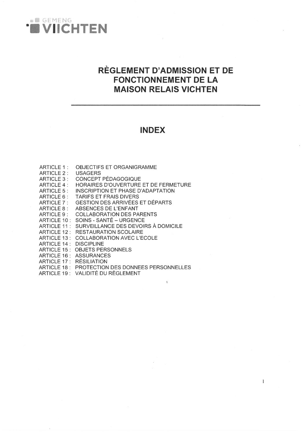 Règlement d'admission et de fonctionnement de la Maison relais Vichten